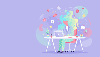 Professional works on laptop amidst holiday gifts and abstract festive chaos Seasonal business illustration