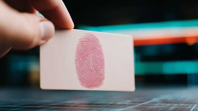 A red fingerprint on a card for biometric identification. Cybersecurity and digital identity authentication concept with futuristic technology for secure access