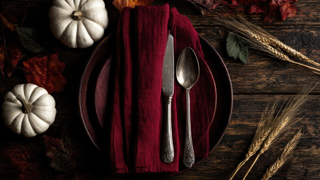 Rustic autumn table setting: white pumpkins, fall leaves, wheat, rich red napkin, vintage silverware, dark wooden background.