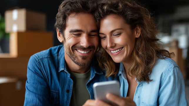 Middle Eastern mid adult couple using phone after moving, boxes in background, new home excitement, shared screen smile, with copy space - Powered by Adobe