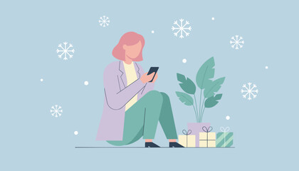 Woman texting near holiday gifts and plant flat vector illustration of winter communication