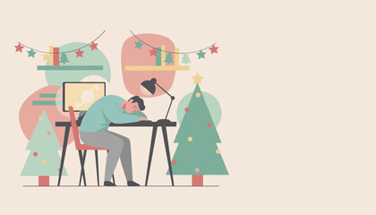 Fototapeta premium Tired professional sleeping at desk surrounded by Christmas decor