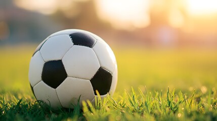 Fototapeta premium Soccer ball is sitting on a green field. The ball is white and black
