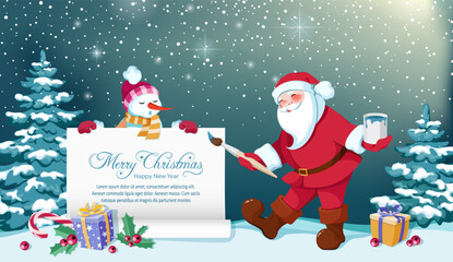 Santa Claus and Snowman with Christmas tree and gifts. Santa Claus paints Happy Christmas and New Year with brush and paint. Greeting card, holiday poster and banner with space for your text. Vector 