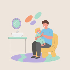 Smiling father and toddler brushing teeth Happy family dental hygiene routine illustration