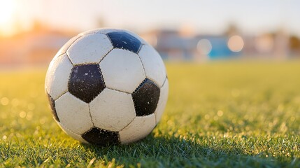 Fototapeta premium Soccer ball is sitting on a green field. The ball is white and black. The field is bright and sunny