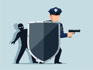 Police officer protecting against criminal with shield and firearm.