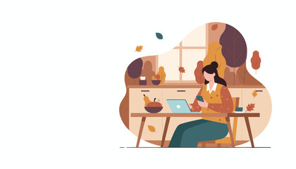 Woman working remotely at home with laptop and phone surrounded by fall decor