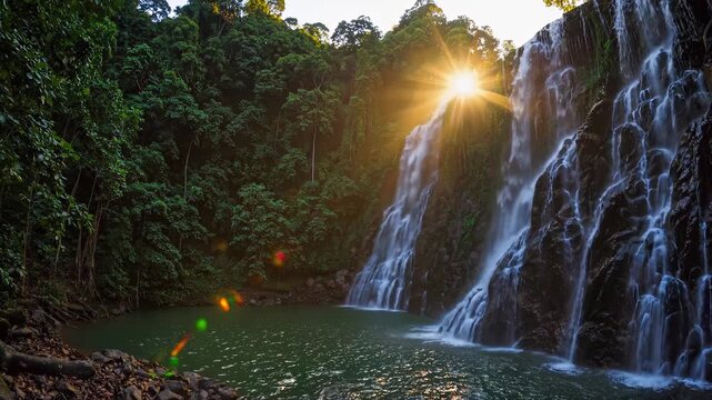 Two majestic waterfalls cascade down rocky cliffs, creating a soothing sound that harmonizes with the surrounding lush green jungle. Sunlight filters through the trees, enhancing t