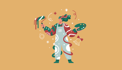 Holiday decorator painting with Christmas colors holding a roller and palette Festive illustration