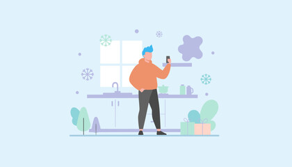 Man taking selfie in modern kitchen during winter holiday season Flat vector illustration