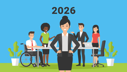 Diverse business team meeting in 2026 Happy corporate staff inclusion and future growth concept