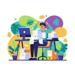 Overwhelmed employee drowning in paperwork Huge workload stress and office burnout concept