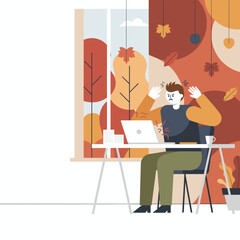 Frustrated man reacts angrily to technology problems while working remotely during the autumn season