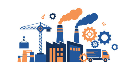 Modern industrial scene factory buildings crane lifting cargo gears and delivery truck