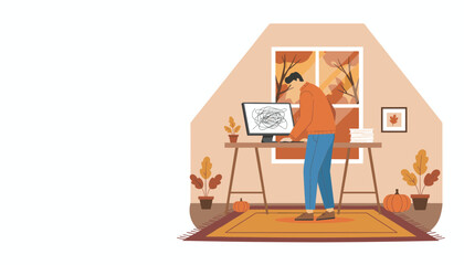 Man struggling with tangled thoughtsconfusion on PC in cozy autumn home office