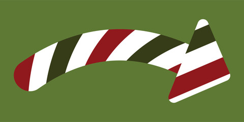 Obraz premium Christmas arrow. Candy cane style curved arrow icon on green background. Festive holiday themed directional symbol with striped red white and green pattern. Decorative Christmas arrow element