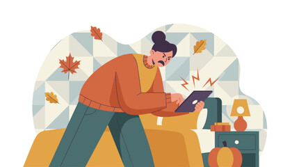 Tech stress Frustrated woman struggling with a faulty tablet device indoors during autumn