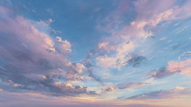 A serene, expansive sky with soft, wispy clouds in beautiful blue, pink, and purple hues. Capturing tranquil dawn or dusk.