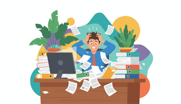 Stressed man overwhelmed by excessive office workload and flying papers signifying burnout and deadlines