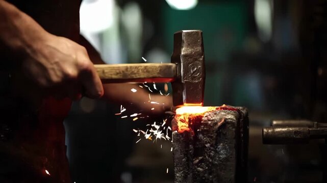 Medium shot showcasing a blacksmith alternating between hand hammering and a power hammer demonstrating varied force levels and adaptive forging styles