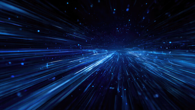 Abstract blue light streaks and shimmering particles create a dynamic, futuristic tunnel effect, suggesting fast data flow or hyperspace travel.