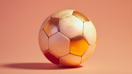 Gold and white soccer ball sits on a pink background. The ball is shiny and has a metallic sheen