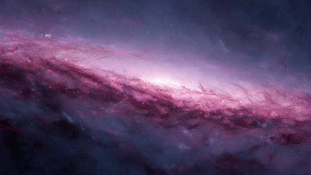 A breathtaking spiral galaxy glows with vibrant pink and purple hues, its luminous core surrounded by countless stars and cosmic dust.