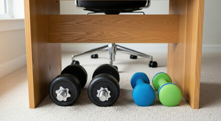 Dumbbells under desk with black weights and colorful dumbbells on carpet. Dumbbells provide easy access for quick workouts at home office while maintaining fitness routine.