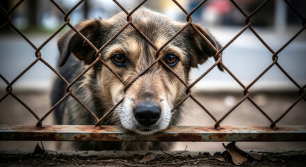 Homeless dog looking through fence with sad eyes, capturing the essence of longing and abandonment. This homeless dog is expressing his longing for home