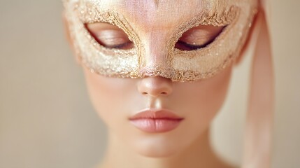 Woman is wearing a gold mask with a pink nose. The woman's face is the only visible part of her body, and she is the main focus of the image