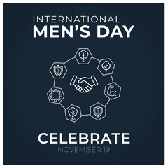 International Men's Day minimalist vector design. Simple icons for strength, nature, protection, cooperation, and role models. Celebrate men's health and positive contributions.