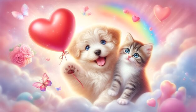 Cute Sweet Romantic Twin Adorable Dog Puppy and Cat Kitten Couple Animals Portrait with Valentine Love Heart-Shaped Balloon Sitting Hugging Kissing Next to Each Other on Pastel Multi-color Background