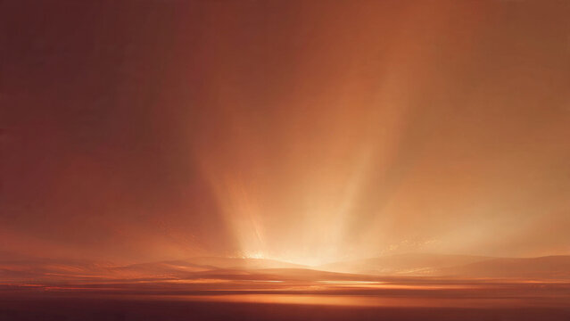 Dramatic orange light beams pierce a hazy, mysterious landscape at sunrise or sunset, illuminating distant hills and a serene foreground expanse.