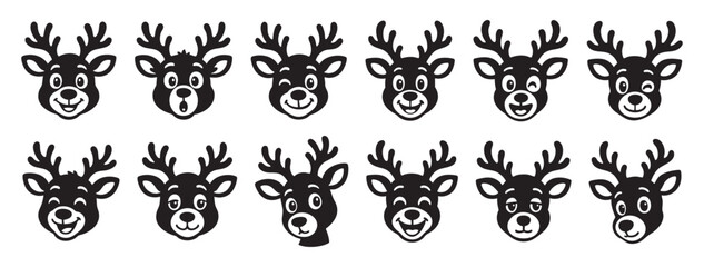 Fototapeta premium Set of black silhouette reindeer faces, isolated on white background. concept of festive holiday, christmas decor, cute animal icons, winter celebration, design elements