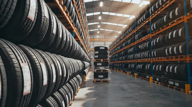 Automotive rubber wheel storage facility with rows of stacked tires and natural light
