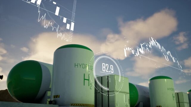 3d Green hydrogen storage stations animation. Multiple modern devices work for healthly planet with zero emissions