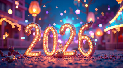 Bright glowing 2026 numbers placed on the ground with a festive decorated city behind