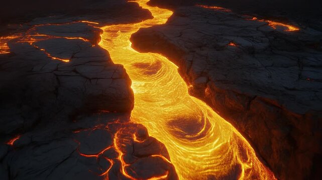 A vibrant river of molten rock glows with intense heat as it flows through a dark, cracked volcanic landscape at night
