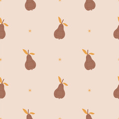 Seamless pastel pear pattern in Scandinavian minimal style. Cute brown fruit on beige background. Perfect for kids’ textiles, wrapping paper, kitchen decor, or autumn nursery designs.