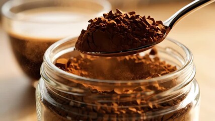 Close up of instant coffee granules in a jar with a spoon and a cup of coffee.