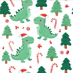 Obraz premium Cute Christmas pattern with cartoon dinosaurs Christmas trees and candy canes on a white background featuring a flat design with simple shapes vector illustration no shadows no gradie