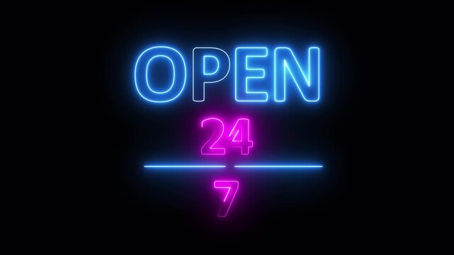 Glowing Neon OPEN 24 Hour 7 Day Neon Sign Animation, purple and Blue Neon Open Sign.