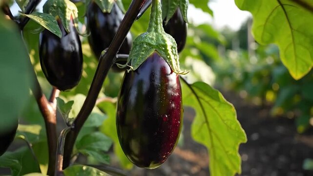 Closeup of ripe eggplants growing on a plant in a sunny garden.