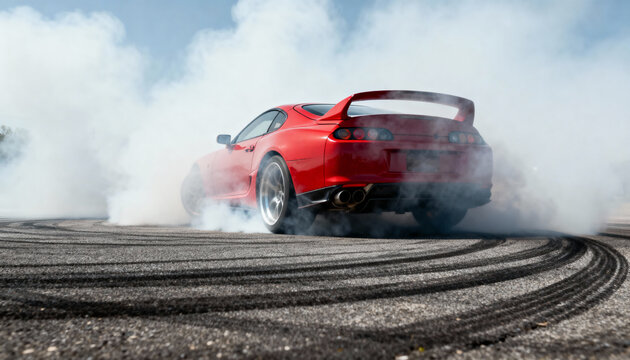 Red V8 sports car spinning through dense tire smoke, dramatic and high-energy.