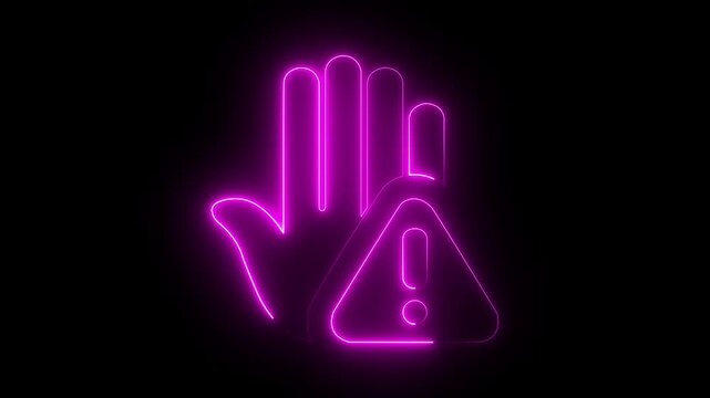 Prohibitory sign Animation with a raised hand with neon tringle icon. Danger warning with hand. prohibited Hand icon.