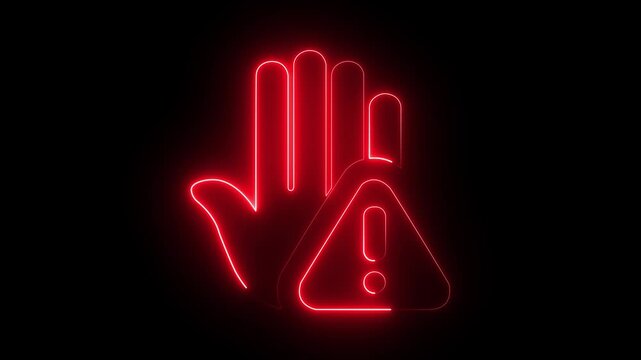 Prohibitory sign Animation with a raised hand with neon tringle icon. Danger warning with hand. prohibited Hand icon.