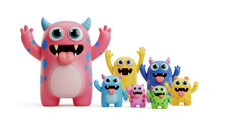 Naklejka premium Cheerful set of colorful 3D kawaii monsters with big round eyes playful tongues and sharp fangs