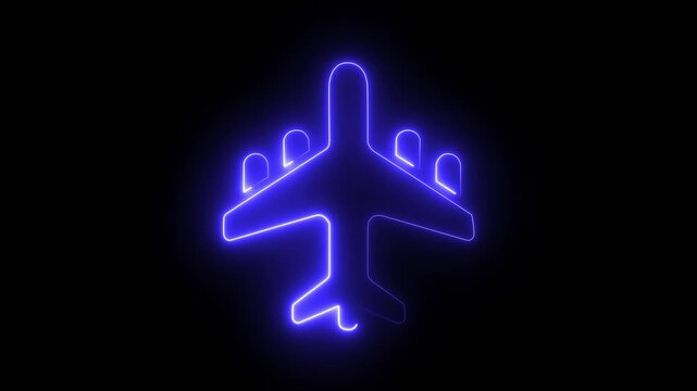 Abstract neon line airplane icon animation. Neon plane icon animation on black background. Airplane line path animation, Travel on airplane location map. Spacecraft flight, space technology, startup