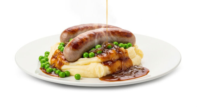 Traditional British bangers and mash featuring plump pork sausages over creamy mashed potatoes